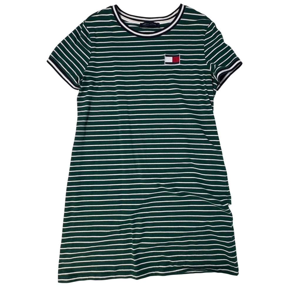 T-Shirt Dress Green Striped Mini Short Sleeve Logo bodycon tommy‎ hilfiger